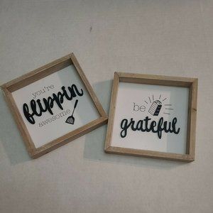 Wooden Kitchen Sign Decor (2) You're Flipping Awesome and Be Grateful 8" X 8"